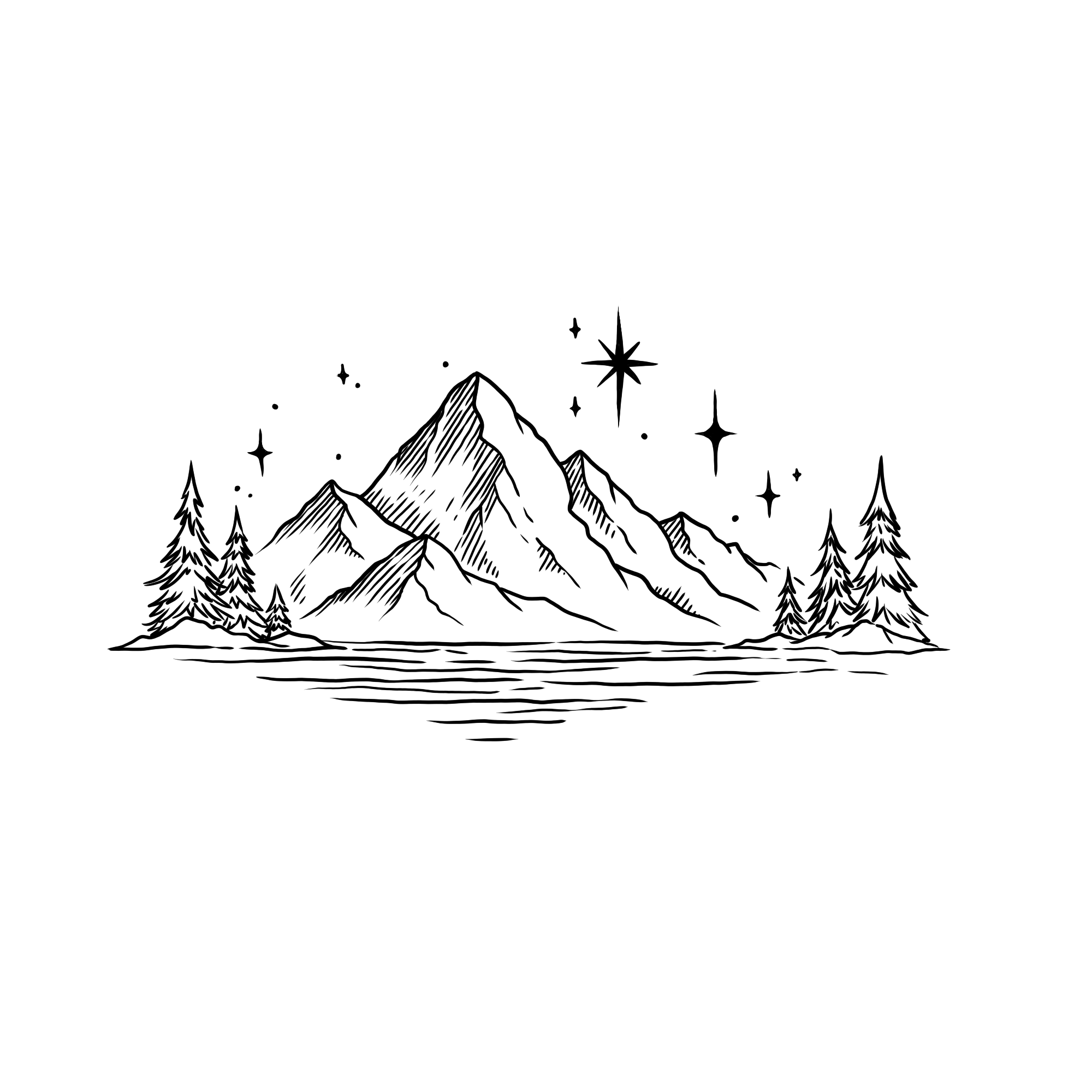Hand-drawn mountains, pine trees and stars emblem for Wingbound Academy