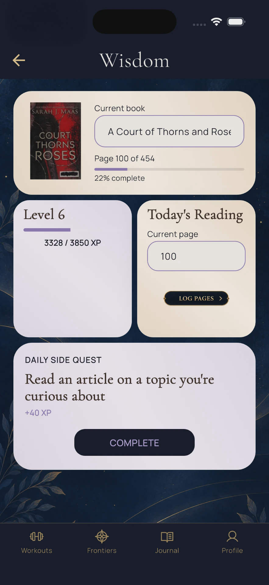 Syloria Wisdom discipline screen showing reading progress