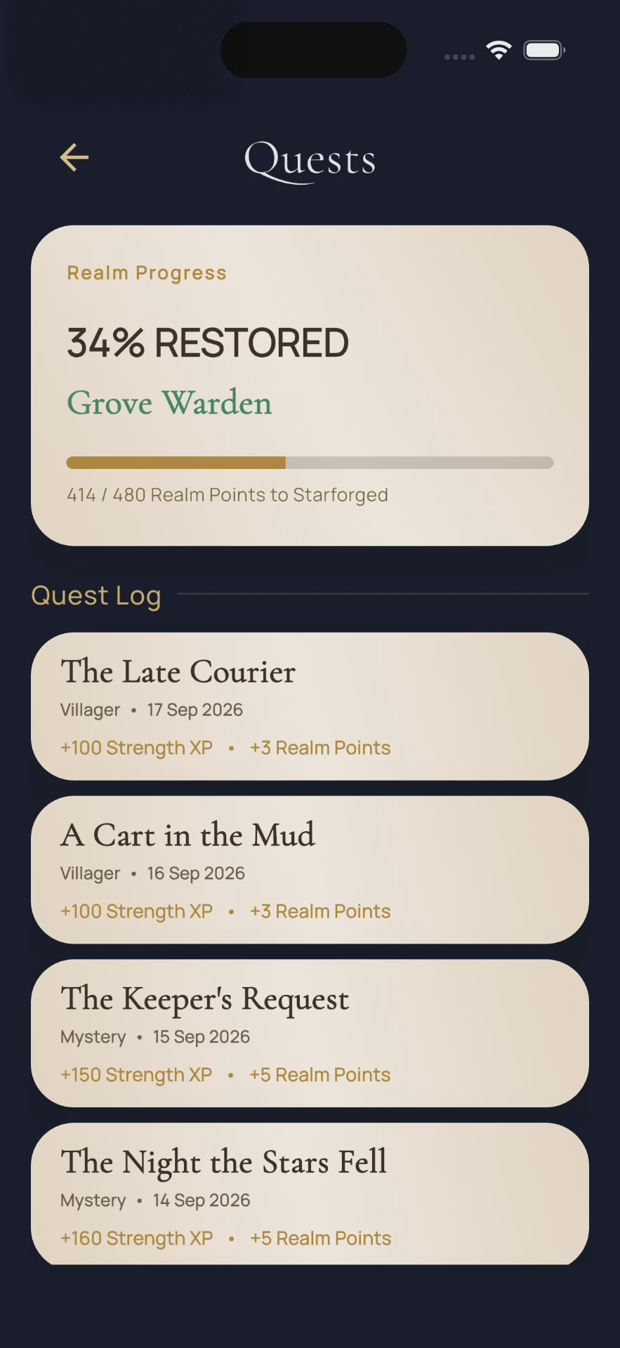 Syloria quest screen showing real-world activities and rewards
