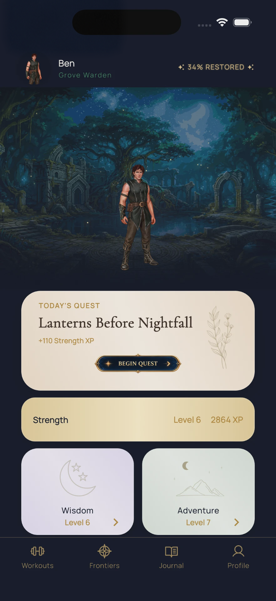 Syloria home screen showing the hero, today's quest, Strength, Wisdom and Adventure