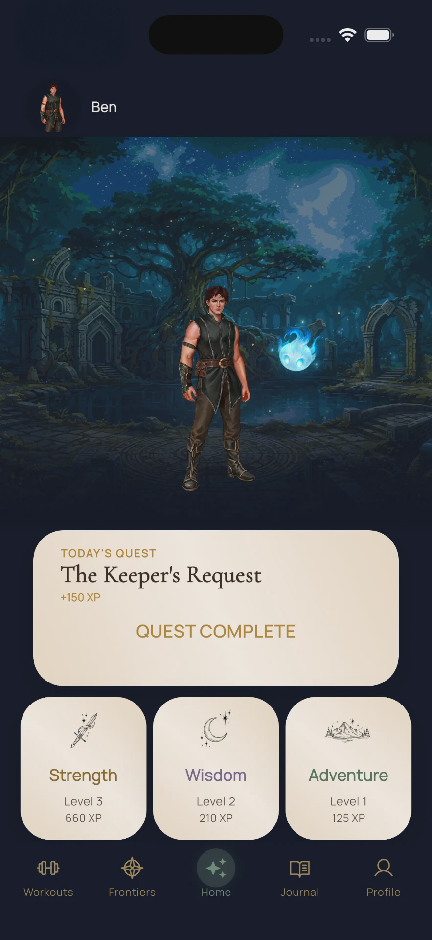 Syloria home screen showing today's quest and character progression