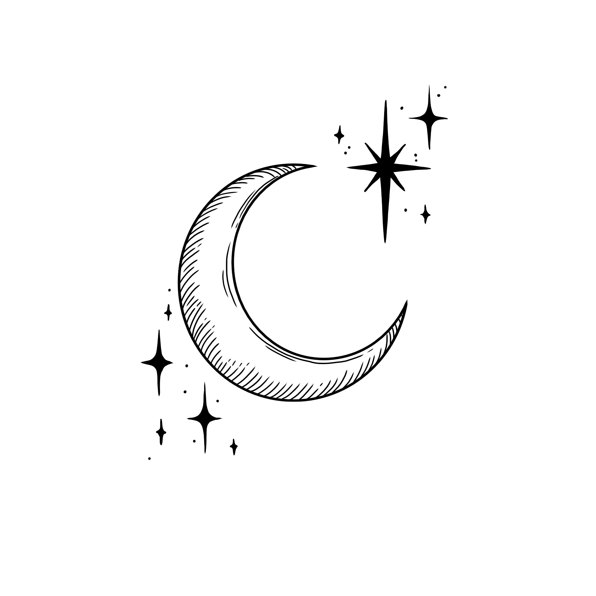Hand-drawn crescent moon and stars emblem for Moonveil Academy