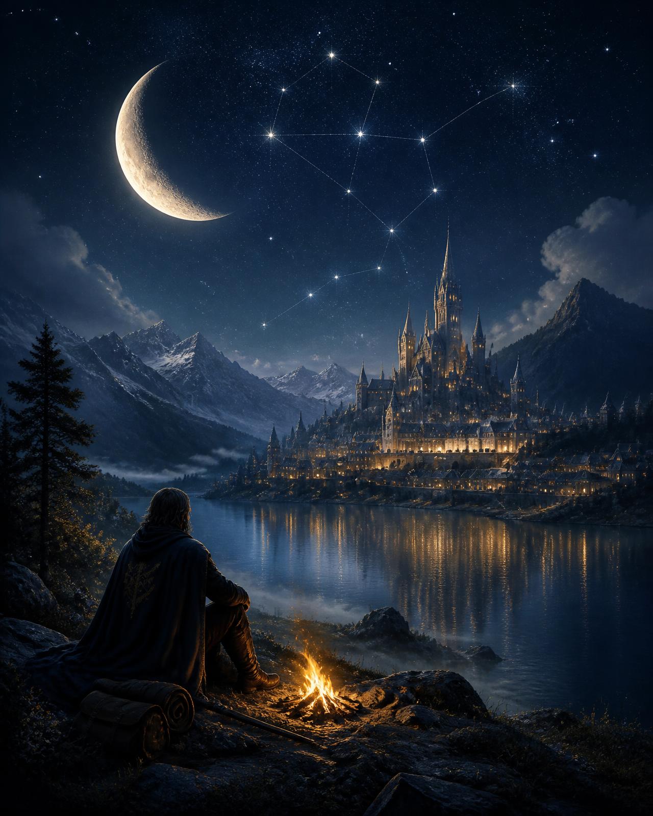 A lone adventurer beside a campfire overlooking a moonlit fantasy kingdom across a lake, beneath a sky of stars and constellations