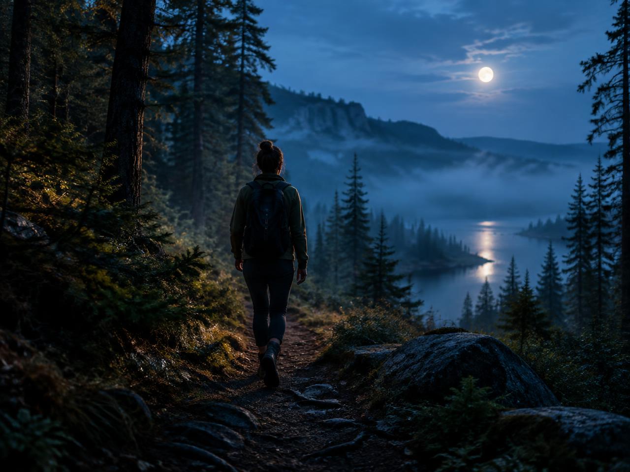 A walker exploring a woodland trail beneath the moon