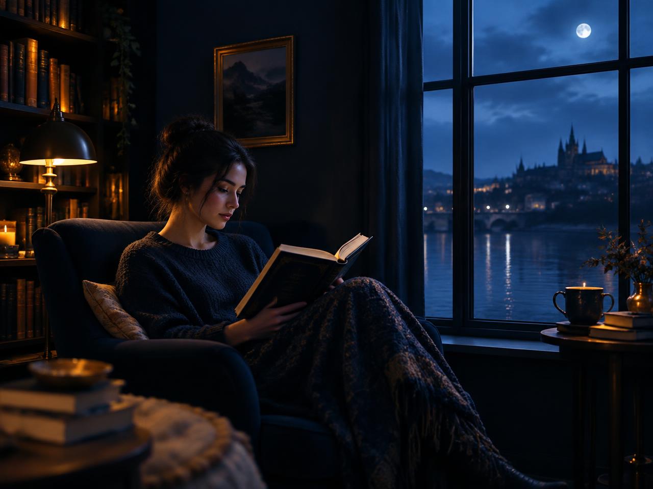 A reader immersed in a fantasy novel beside a moonlit window