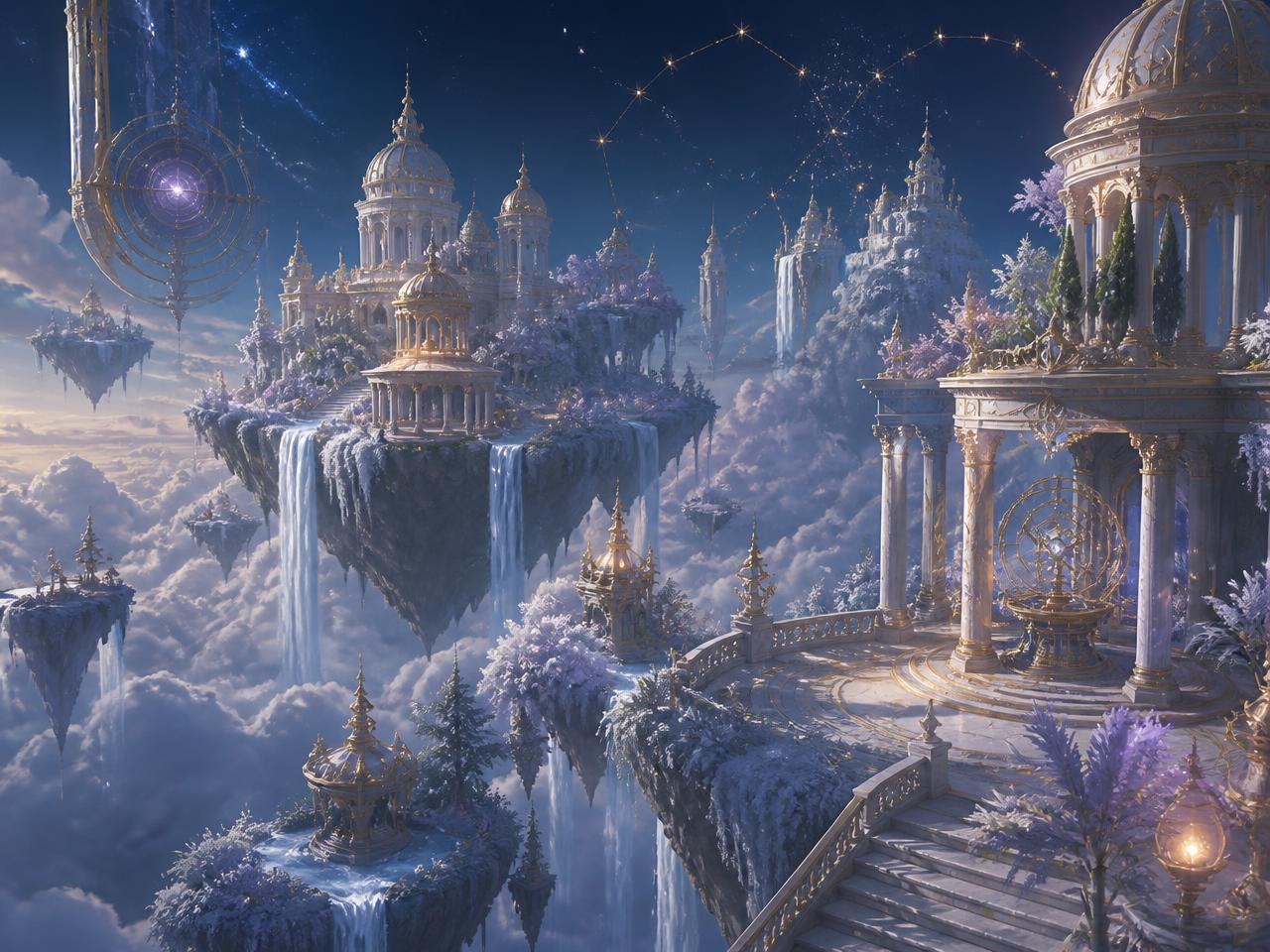 Celestial Isles — Floating islands high above the clouds, where marble temples and celestial gardens overlook endless skies. Only the greatest adventurers arrive here.