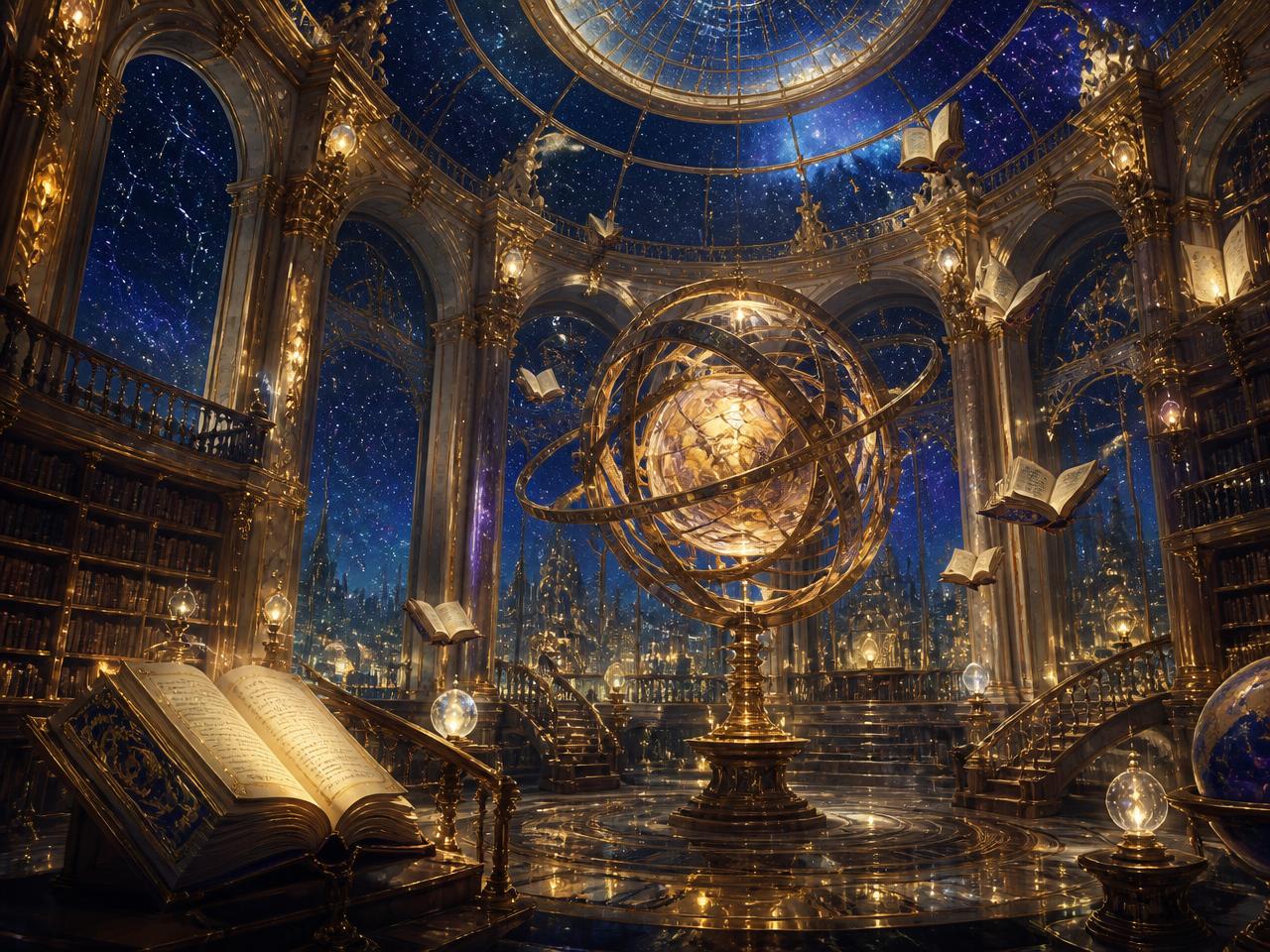 Astral Athenaeum — An immense celestial library of marble halls and crystal star domes, where scholars study beneath rotating astrolabes and glowing constellations.