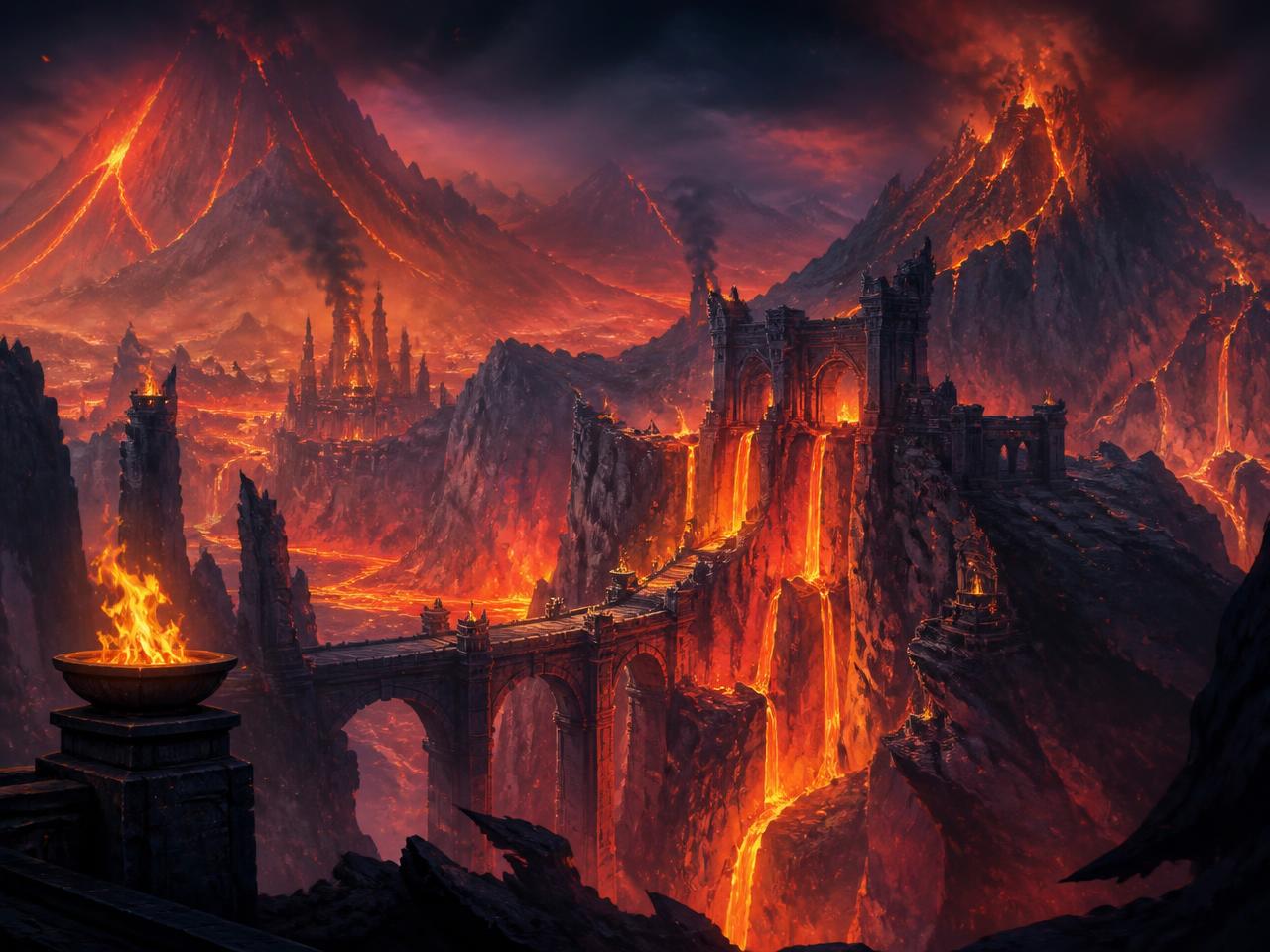 Ember Peaks — A vast volcanic range where rivers of lava illuminate towering cliffs. Ancient forges and ruined shrines stand among ash-covered summits.