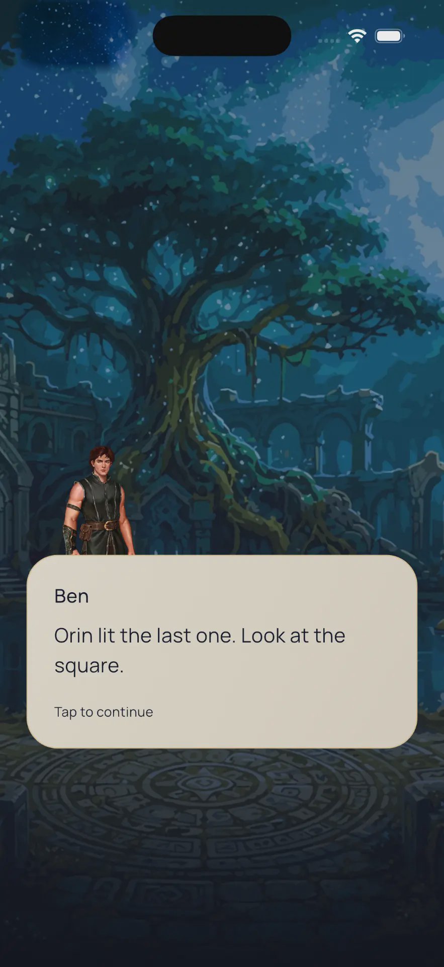Syloria story scene showing Ben after completing a real-world quest